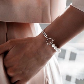 TseenYi Pearl Bracelet Silver Pearl Toggle Bracelet Paperclip Chain OT Clasp Bracelet Baroque Pearl Chain Bracelet Vintage Pearl Beadeds Chain Bracelet White Pearl Beads Bracelet
