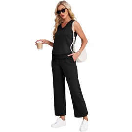 WIHOLL Two Piece Sets for Women Dressy Fashion V Neck Matching Sets Women Clothing Wide Leg Pants Travel Outfits Beach Vacation Clothes Black S