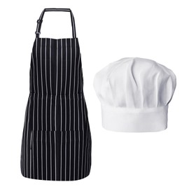 BEIBXHQQ 1 Piece Halter Neck Apron with 1 Piece Chef Hat, Baking Apron, Halter Neck Anti-Fouling Apron, Chef Apron, Black and White Striped Halter Neck Apron Suitable for Home, Cafe, Restaurant