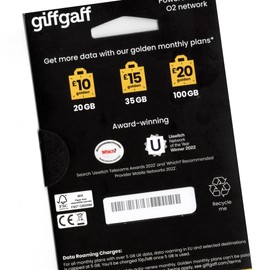 GiffGaff United Kingdom PAYG SIM Card for Visiting UK & Europe w/ 5￡Bonus, Activate While in U.S., 12￡ for Unlimited SMS/Calls and 12GB Data [for Unlocked Phones]