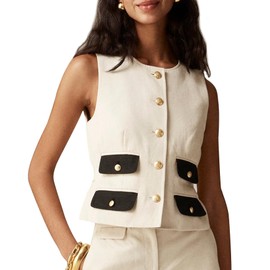 Kedera Womens Button Down Sleeveless Linen Vest Fully Lined Crew Neck Fall Fashion Business Jacket Waistcoat with Pocket