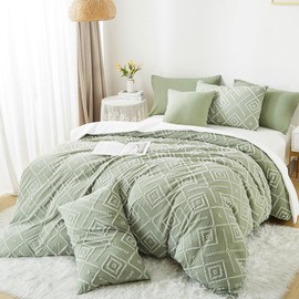 Lanqinglv Tufted Bed Linen 135 x 200 cm Green Boho Geometric Vintage Reversible Microfibre Bedding Set Shabby Chic Bohemian Duvet Cover with Zip and 1 Pillowcase 80 x 80 cm