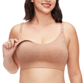 HOFISH Nursing Bras for Breastfeeding, Seamless Wirefree Ribbed Maternity Bra, Soft Support Geometric Pregnancy Bra Tawny XL