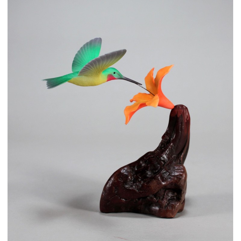Hummingbird Sculpture w/Orange Flower by John Perry on Burl Wood
