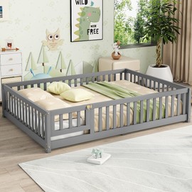 Full Size Floor Bed with Slats and Center Support Bar, Full Size Montessori Floor Bed with Fence and Door, Kids Montessori Bed Full Size, Full Montessori Floor Bed for Kids, Girls, Boys, Gray