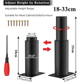 EURXLQ 2 Adjustable Furniture Feet, Table Legs, Metal Feet for Furniture, Furniture Feet Supports, Height Adjustable with Screws + Screwdriver for Furniture, Sofa, Cabinet, Bed, Bedside Table (Nero, 18-33 cm)