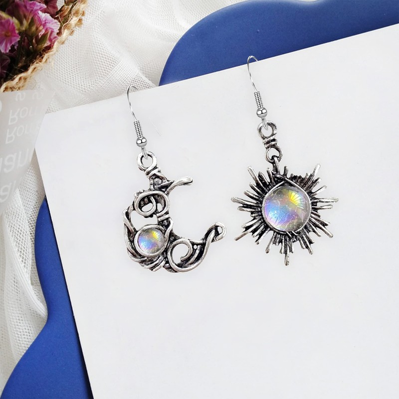Vintage Boho Opal Sun and Moon Drop Dangle Earrings Moonstone