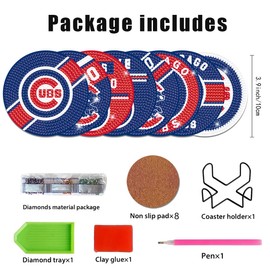 8 Pcs Baseball Diamond Art Coasters Kits with Holder, Diamond Painting Coaster Kits DIY Crafts for Adults Diamond Art Painting Kits Supplies for Chicago Gift
