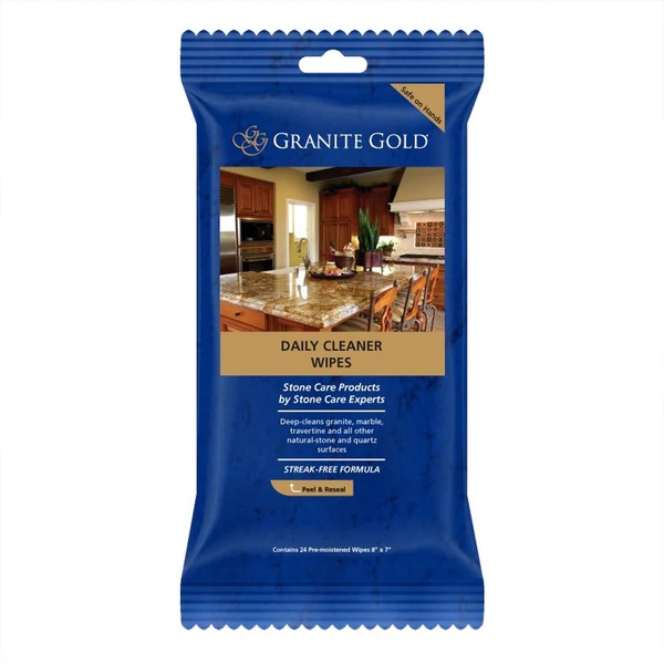 Granite Gold Daily Cleaner Wipes Streak-Free Cleaning for Granite, Marble, Travertine, Quartz, Natural Stone Countertops, and Floors, 24 Count