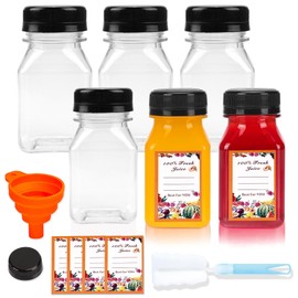 Hadatido 6Pack 4oz Plastic Bottles with Lids 120ml Juice Shot containers– Wide Mouth Reusable Wellness Shot Jars for Juicing,Ginger,Liquor,Juice Stickers,Cleaning Brush & Silicone Funnel