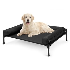 Veehoo Elevated Raised Dog Bed-Cooling Outdoor Dog Cot Bed for Large Sized Dogs Three-Sided Fence Raised Pet Cot with Mesh & No-Slip Feet Dog Hammock Bed with Removable Bolster-L 36"x 27" Black