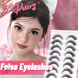 Fyonas Cat Eye Lashes Wispy False Eyelashes 5-14mm Short Fake Lashes Natural Look D Curl Strip Lashes 8 Pairs Soft Fluffy Lashes Pack (C01)