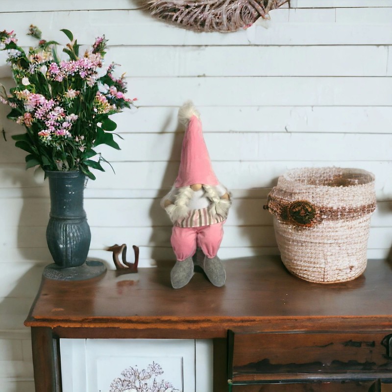 Homeroots 30" Pink and White Fabric Christmas Standing Gnome Tabletop