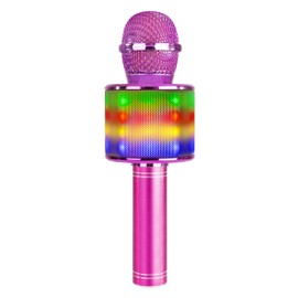 MAX KM15 Children's Karaoke Microphone, 28 LED Effects, Wireless Bluetooth Microphone for Singing with Speaker, Voice Changer, MP3 Player USB and Micro SD, Karaoke Machine - Pink