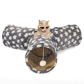 LUCKITTY Cat Tunnel Toy- 3 Way-Shaped, Gray Star Pattern, Soft Velvet Exterior, Oxford Fabric Fog-Proof Interior, Plush Toy Ball, Easily Washable, Conveniently Foldable