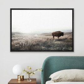 SIGNLEADER Framed Canvas Print Wall Art Bison Buffalo Misty Washed Out Landscape Animals Wildlife Digital Art Realism Decorative Rustic Relax/Calm for Living Room, Bedroom, Office - 24"x36" Black