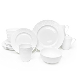 Bone China 16 Piece Dinnerware Dish Set, Service for 4, White Embossed Circle, Microwave Safe, Translucent, Elegant giftware, Essential Home, Formal and Everyday Living, Kitchen Dishes, Dinner Set