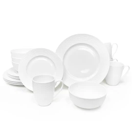Bone China 16 Piece Dinnerware Dish Set, Service for 4, White Embossed Circle, Microwave Safe, Translucent, Elegant giftware, Essential Home, Formal and Everyday Living, Kitchen Dishes, Dinner Set