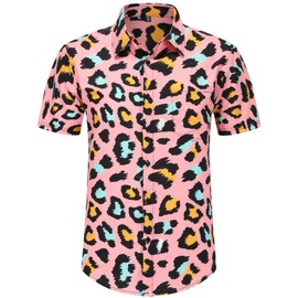 Spanoous Men's 2 Piece Tracksuits Rave Outfit Pink Leopard Print Shirt and Shorts Set with Bucket Hats 02-XL