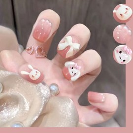 Cute Bunny Press on Nails for Women Kid Short Easter Fake Nail Cute Rabbit Fake Nails with Glue Short Full Cover False Nail Tips Stick on Nails Lovely Gift Girls Nail Art Decoration -Pink