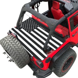 Shadeidea JK Cargo Cover Compatible with Jeep Wrangler Tonneau Cover JKU (2007-2018) 4 Door Rear Trunk Ton Cover Black - America Flag in White Vinyl Tailgate Cover - 3 Year Warranty
