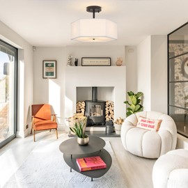 Febeleven Modern Ceiling Light with White Fabric Shade 3-Light Black Semi Mount Flush Fixture for Bedroom Dining Room Kitchen and Hallway