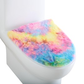 Soft Plush Toilet Lid Cover for Bathroom, Machine Washable Toilet Seat Covers, Fits Most Round Elongated and Oblong Lids, Easy Installation& Cleaning (Gradient yellow pink blue)