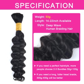 Deep Wave Bulk Human Hair for Braiding Micro Human Braiding Hair for Boho Braids 1 Bundle 50g 14inch 100% Unprocessed Brazilian Wet and Wavy Curly Braiding Human Hair Extensions No Weft