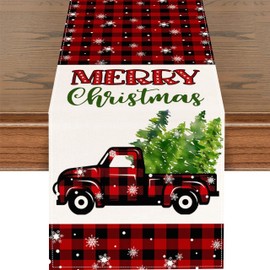Red and Black Buffalo Plaid Truck Pattern Merry Christmas Table Runner, Seasonal Winter Xmas Holiday Kitchen Dining Table Decoration (Merry Christmas Car, 13x48 Inch)