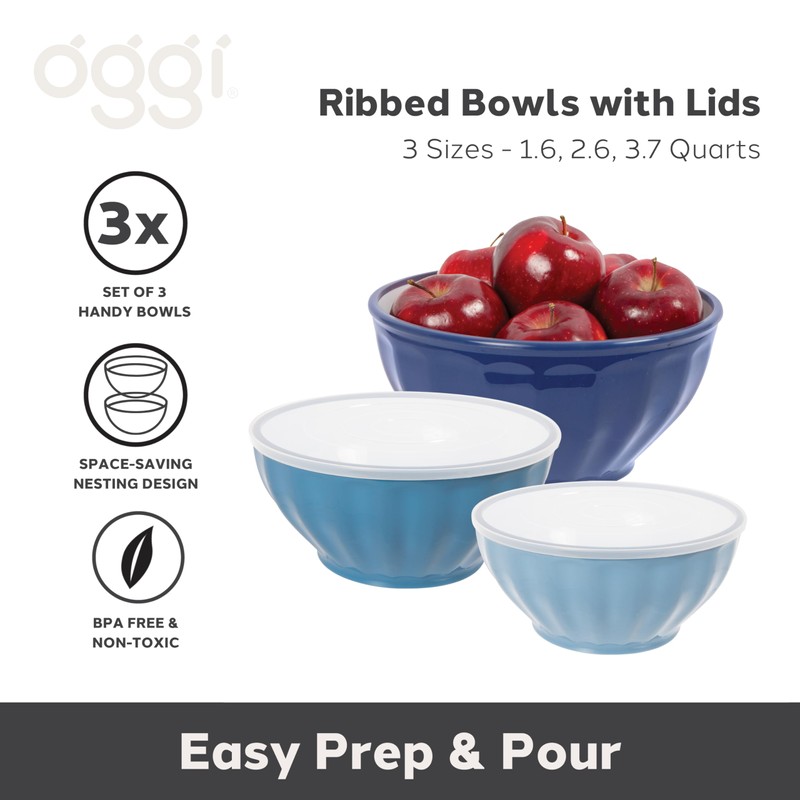 Oggi Set of 3 Ribbed Mixing Bowls with Lids -