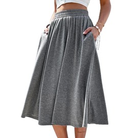 SOFIA'S CHOICE Women's High Elastic Waist Midi Skirt with Pocket A Line Swing Skirts Grey Small