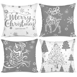 Miaikoe Christmas Cushion Covers 40x40 Set of 4 Christmas Decoration Trees Deer Snowman Merry Christmas Decorative Holiday Farmhouse Pillow Cases for Holiday Christmas Decoration（Grey）