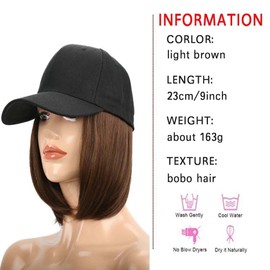 iLUU Light Brown Short Straight Bob Wig with Hat Wig 9" Short Synthetic Hair Extensions Hairpiece with Attached Adjustable Black Baseball Cap for Women Girl