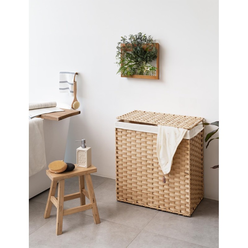 StorageWorks 110L Wicker Laundry Hamper with Lid, 2 Section Wicker