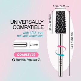 PANA Tapered Barrel Carbide 3/32" Shank Size - (Black, Coarse Grit) - Fast remove Acrylic or Hard Gel Nail Drill Bit for Manicure Pedicure Salon Professional or Beginner