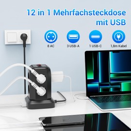 12-in-1 Socket Tower, 8-Way Multiple Socket with 4 USB, Power Strip with Switch, 1.8 m Cable, Surge Protection, Space Saving Socket Cube for Home Office Living Room Kitchen Office