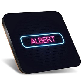 1 x Square Jumbo Size Coaster 12cm Neon Sign Design Albert Name Cork Backed MDF Glossy Tea Coffee Accessory #351588