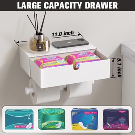 Tindbea Toilet Paper Holder with Storage - Stainless Steel Wall Mounted Toilet Paper Holder with Shelf, Flushable Wipes Holer Dispenser, Tampon Storage for Bathroom, Double Tissue Roll Holder, White