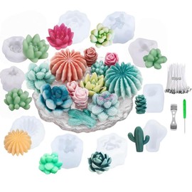 Modelos de cera de plantas suculentas para hacer velas, juego de 10 moldes de silicona 3D de cactus, 50 mechas de vela, apto para hacer hielo, chocola