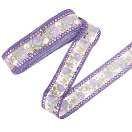 CABODYALS Purple Ethnic Style Embroidered Jacquard Ribbon Trim Tape Vintage Sequin Floral Flower Pattern Embroidery Sheer Woven Applique Fabric Trimming for Sewing Making Crafts Clothes Home Decor DIY