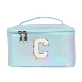 Large Preppy Patch Makeup Bag,Travel Cosmetic Bags PU Leather Portable Waterproof Toiletry Storage Case with Chenille Letter Zipper Daily Use Pouch for Women,Gradient Blue C