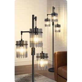 VOUTOORO Industrial Modern Floor Lamps for Living Room, Dimmable Glass Tree Standing Tall Lamps with 3 Elegant Teardrop Cage Head & 1200 Lumens LED Bulbs for Bedroom Office (66inch Tall)