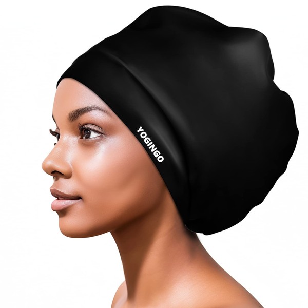 Extra Large Swimming Cap for Long Hair - Swim Cap for Braids and Dreadlocks, Weaves, Hair Extensions, Curls & Afros - Swimming Hat Women & Men - Silicone Adult Swimming Cap（Black）