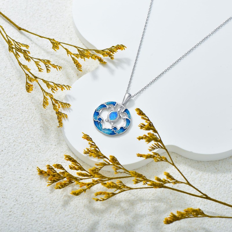 SHINYKEND Blue Opal Turtle Necklace, 925 Sterling Silver Sea Turtle