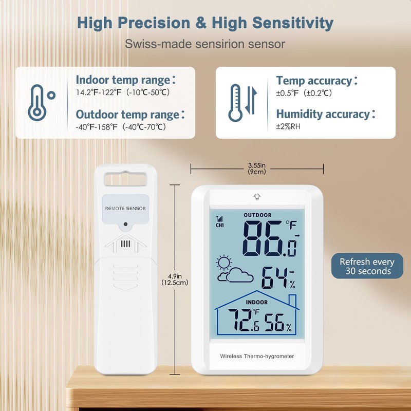 Ankilo Indoor Outdoor Thermometer Wireless Weather Stations, Accurate Digital Hygrometer