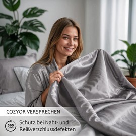 Cozyor Satin Bed Linen 155 x 220 cm Extra Thick and Soft with Robust Zip 2 x Pillowcases 80 x 80 cm Elegant Satin 3-Piece Light Grey Moonlight