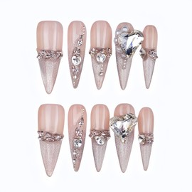 farfarflame Handmade Nail Tip, Long, Korean, Mine-based Magnet, Oval Ballerina, Diamond, Glossy, Stylish, Cute, Party, Painful Nails, Gal False Nails, Pack of 10 (Glacier, S)