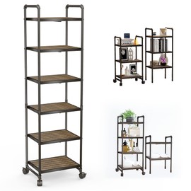 6-Tier Wood Storage Shelves, Slim Rolling Storage Cart with Metal Frame, Heavy Duty Plant Stand, Organizer Shelves for Kitchen, Bathroom, Pantry, Laundry Room, Balcony