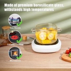 NiHome 61OZ/1.8L Small Clear Borosilicate Glass Cooking Pot with Lid, Glass Simmer Pot for Stove-Top with Wooden Lid Handle & Brush, Glass Saucepan for Slow Simmer, Microwave, Dishwasher-Safe