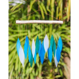 Blue Glass Wind Chime Recycled Glass and Bamboo Driftwood Garden Chime Hanging Outdoors Indoors Multicoloured Fairtrade Eco Friendly Handmade Fairtrade